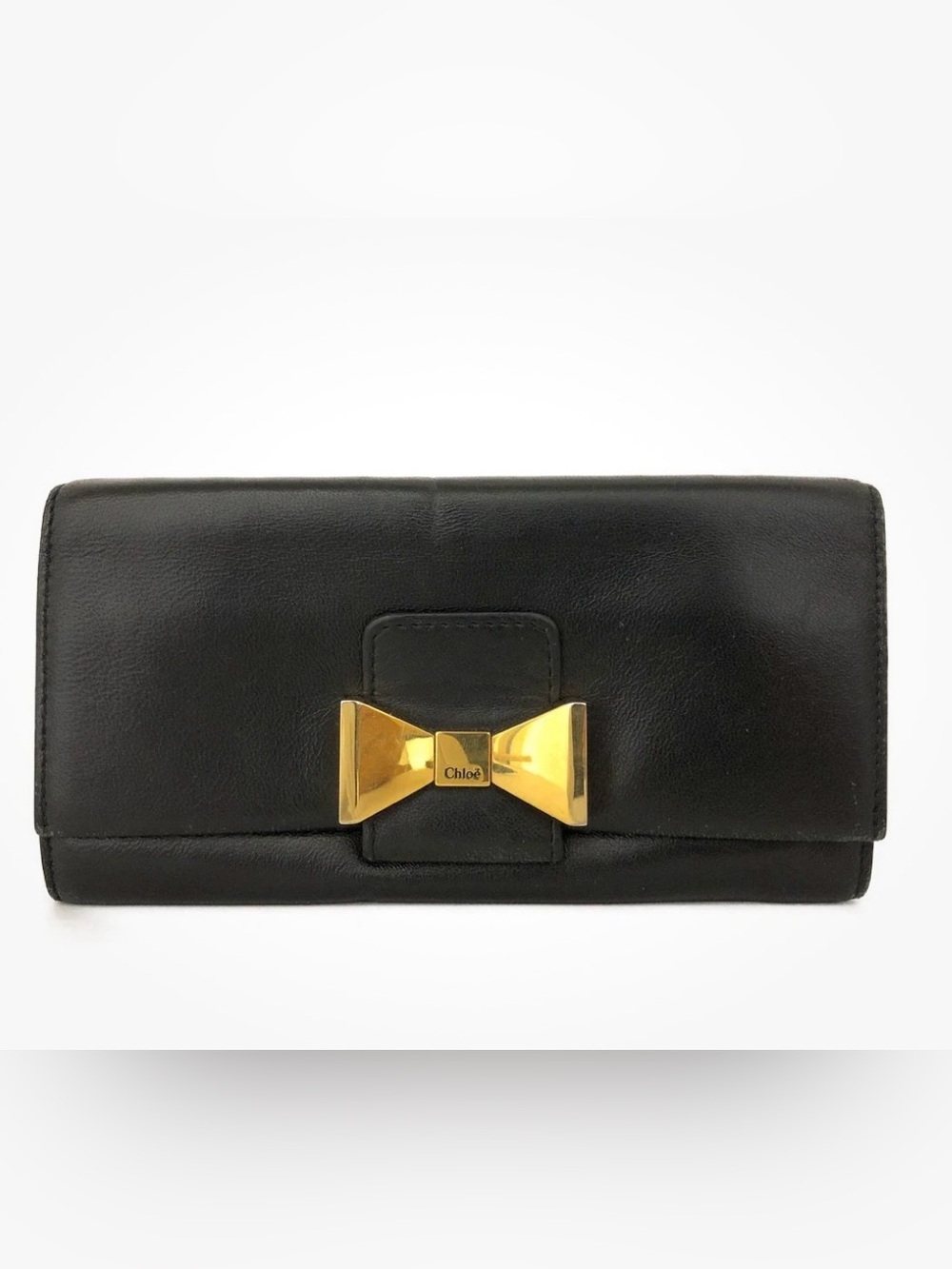Authentic Chloe Ribbon Leather Long Bifold Wallet Purse Black (6CG2346)